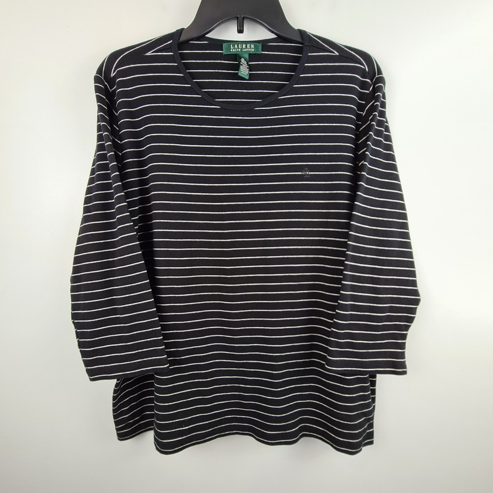 Lauren Ralph Lauren Womens 2X Black White Striped 3/4 Sleeve Cotton T-Shirt LRL